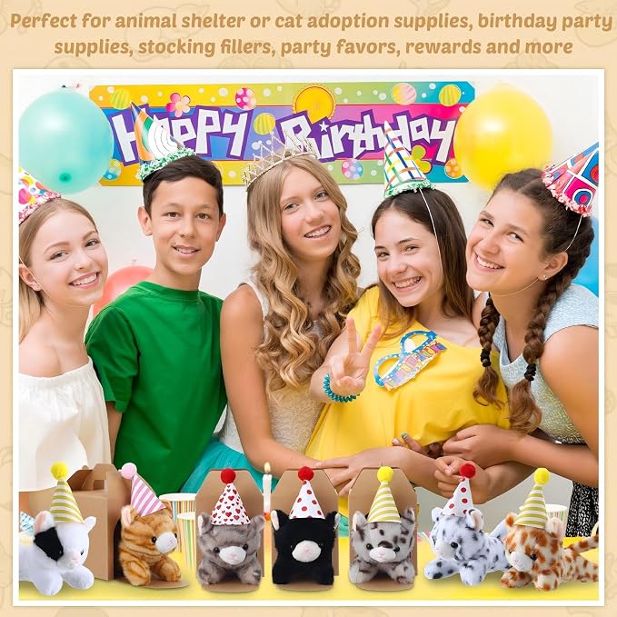 10 Set Kittens Stuffed Animals Bulk with 10 Birthday Hats 10 Kraft Paper Boxes Mini Plush Toys Small Stuffed Cat Pet Gifts for Kids, School Birthday Animal Decor(Prone Style)