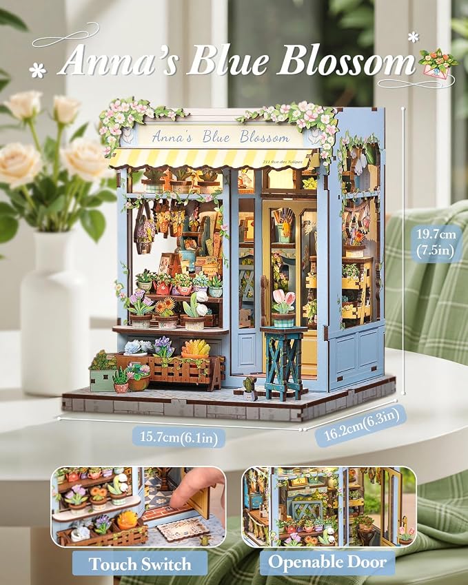 CUTEBEE Book Nook Kit - DIY Miniature House Dollhouse Kit for Adults, Booknook Tiny House Bookshelf Decor 3D Wooden Puzzle, Gifts for Family and Friends (Anna's Blue Blossom)