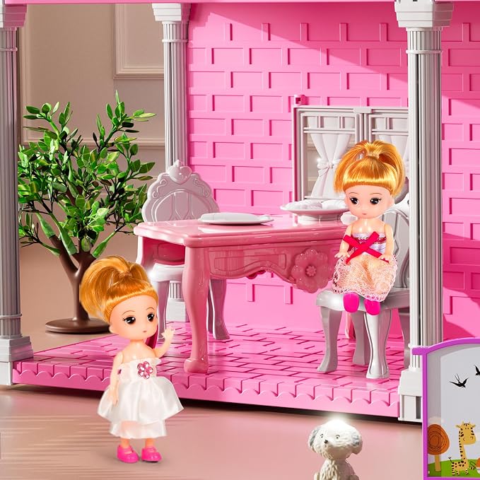 JUKUDAHU Villa Playset for Girls Ages 3-7, Indoor Playset Girls Toys with 2 Storeys 3 Rooms 2 Dolls for Ages 6-8, Furniture and Accessories, Pretend Toddler Toy, Birthday Gifts for Kids 3 4 5 6 7 8