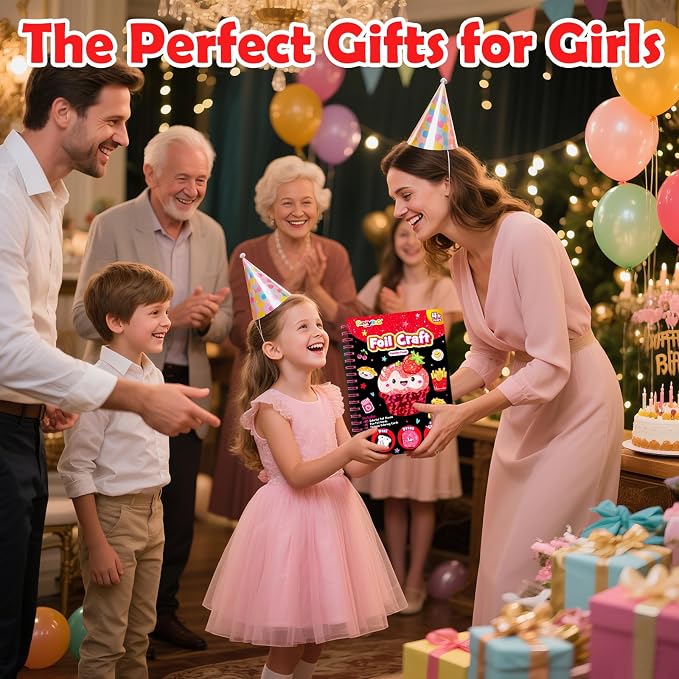 FUNNYB&G Foil Art Craft Kit for Girls 4-10 Years Old: Mess-Free & No-Glue, Create 16 Sparkly Food Pictures – Perfect Travel Toy & Birthday Gift for Kids (Food)