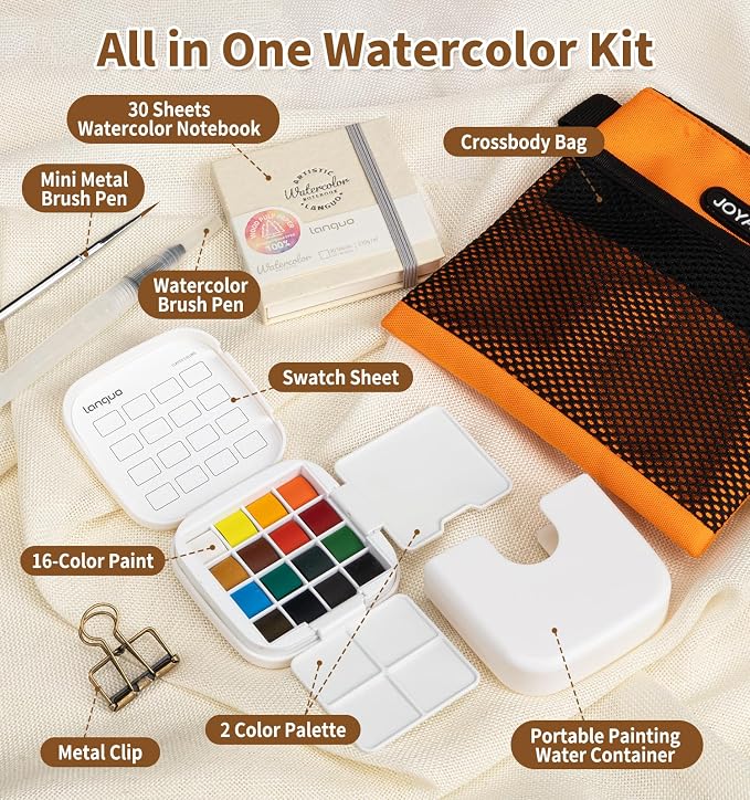 Mini Watercolor Paint Set, All in One Portable Art Kit with 16 Colors, Palette, Crossbody Bag, Sketchbook, Clip and Brush, Travel Watercolor Set for Beginners Artists Outdoor Painting