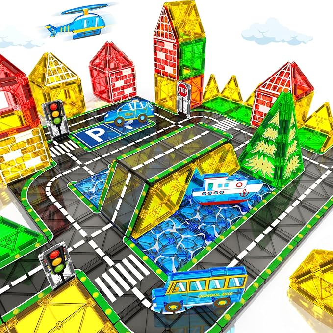 Magnetic Tiles City Road Set Kids Toys for 3 Year Old Boys Girls Magnetic Building Blocks with Cars Toys Construction Educational Magnets Tiles Gifts for Kids Toddlers Age 3-5 4-8 6 Christmas Birthday