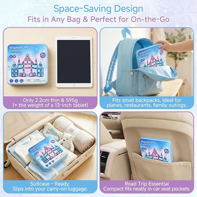 burgkidz Magnetic Travel Tiles for Kids 3-8: 42PCS Large & Small Ice Blue Purple Glitter Blocks – 2-in-1 Storage & Base – 90+ Min Quiet Play, 300+ Builds, 30s Cleanup – Car & Plane Toys for Girls