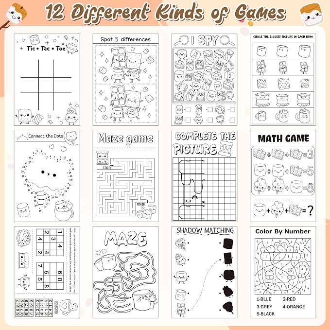 Marshmallow Activity Books for Kids-48 Pcs Marshmallow Mini Game Coloring Books Set Bulk Mazes Word Research Word Scramble Games for Birthday School DIY Activity Supplies Goodie Bags Stuffer