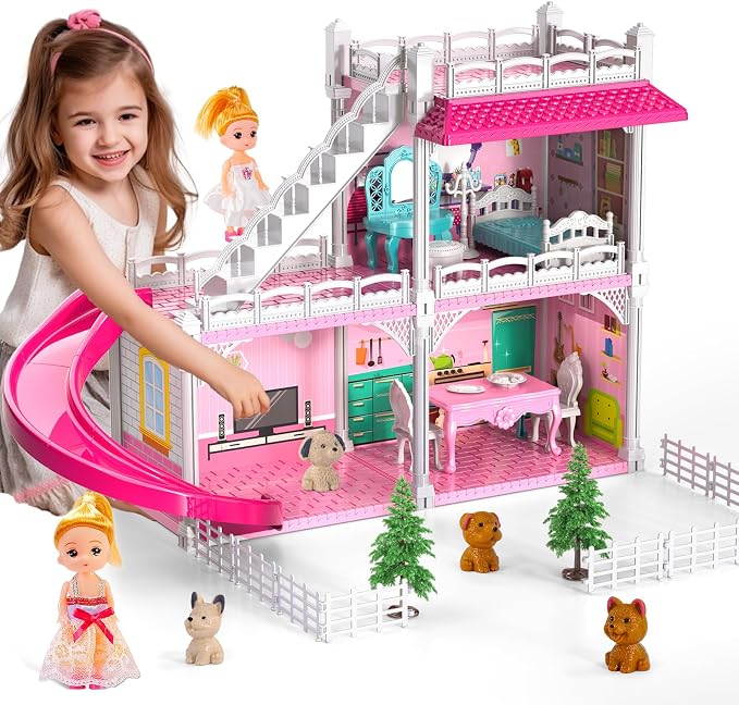 Doloowee DIY Dollshouse for Girls 4-8 - 2-Story House with 3 Themed Rooms, 2 Dolls, 4 Dogs, Slide & Yard - Dolls House Toys for Imaginative Play