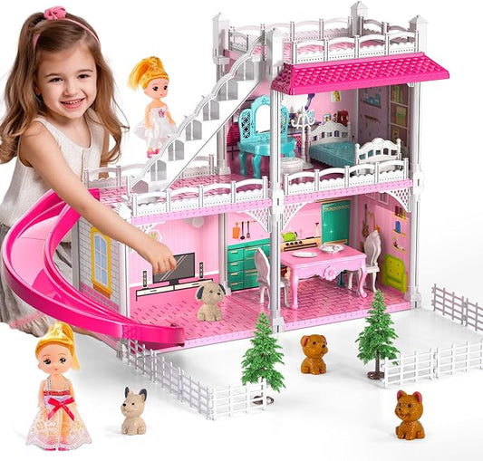 Doloowee DIY Dollshouse for Girls 4-8 - 2-Story House with 3 Themed Rooms, 2 Dolls, 4 Dogs, Slide & Yard - Dolls House Toys for Imaginative Play