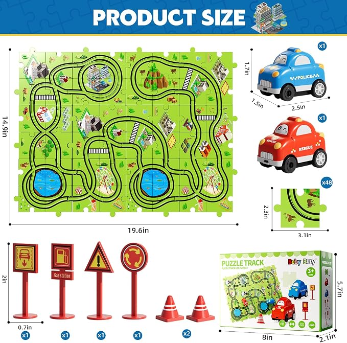 Beby Buty 48PCS Puzzle Race Track Car Set for Toddlers Kids Boys, Toddler Toys Birthday Gifts for 3 4 5 6 Years Old Boys and Girls, Floor Puzzle Tracks Car Toys for Ages 3-5 4-6