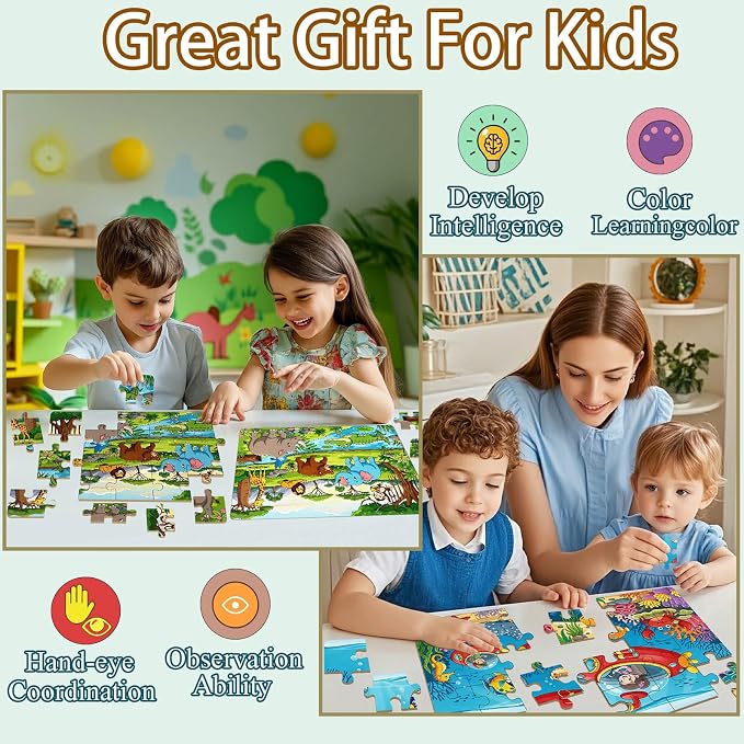 Wooden Puzzles Dinosaur Toys for Kids Ages 4-6, 4 Packs 24 Piece Puzzles for Toddlers 3-5 Preschool Educational Jigsaw Puzzles Boards Toys Gifts for 3 4 5 6 Boys Girls