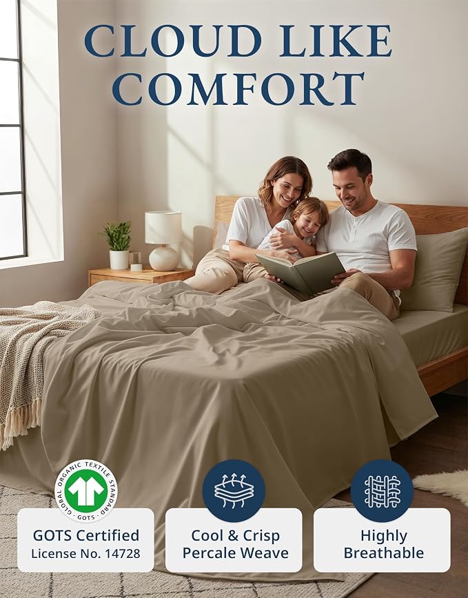 LANE LINEN 100% Organic Cotton Sheets Set Pure Long- Staple Percale Weave - Bedding for Bed Fits Mattress Upto 15" Deep Pocket (Queen Taupe)