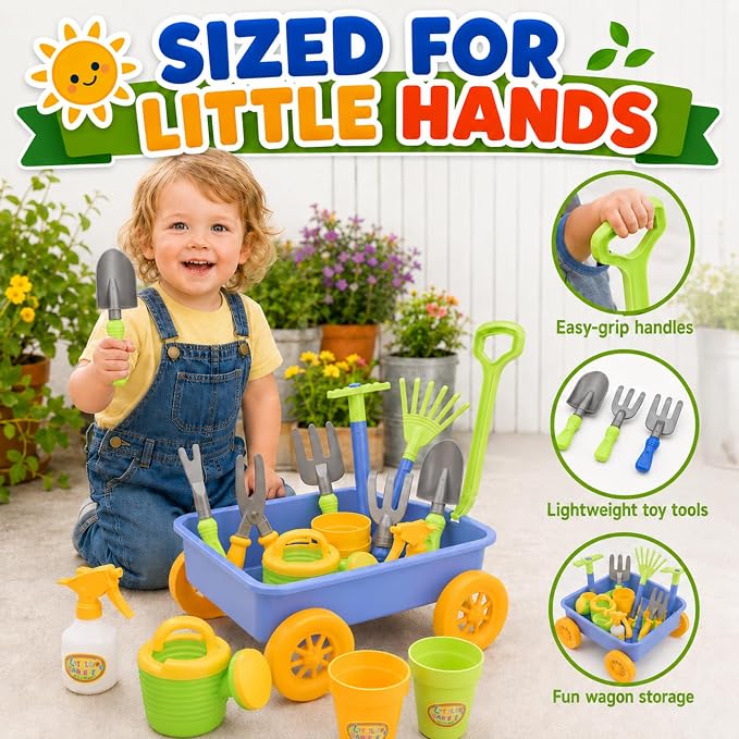 Liberty Imports Pull Along Garden Wagon and Gardening Tools Toy Play Set for Toddlers, Kids with Outdoor Tools, Plant Pots, Accessories