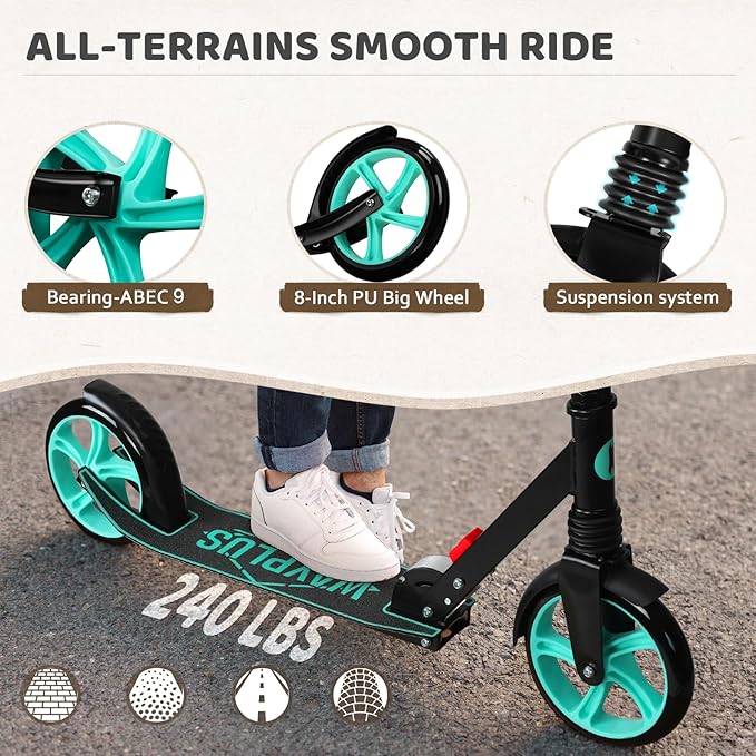 WAYPLUS KS1 Kick Scooter for Ages 6+,Kid, Teens & Adults. Max Load 240 LBS. Foldable, Lightweight, 8IN Big Wheels for Kids, Teen and Adults, 4 Adjustable Levels. Bearing ABEC9 FED Fitness