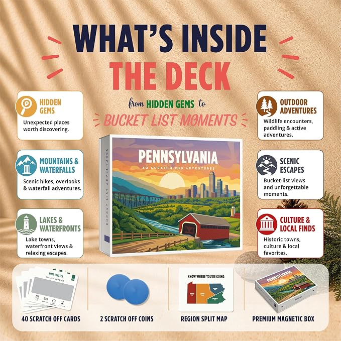 Pennsylvania Bucket List Scratch Off Cards - 40 Adventure Bucket List Cards with Region Split Map, Hidden Gems, Scenic Escapes & Local Favorites - Travel Gift for Couples, Families, Friends & Tourists