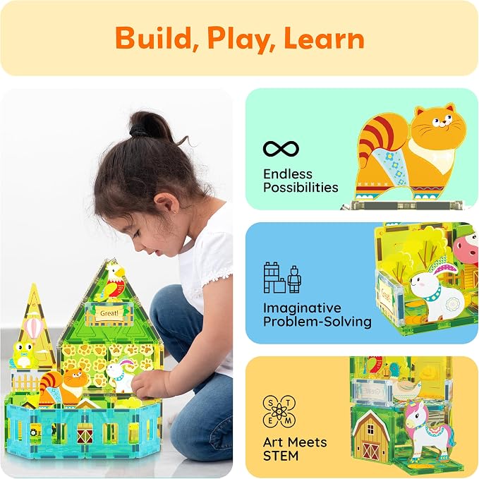 PicassoTiles Magnetic Tiles Magnet Tile Building Blocks Printed Fall Farm Themed Animal Toy Set with 8 Farmyard Animals Character Action Figures STEM Learning Playset for Kids, Ages 3+ PTQ27