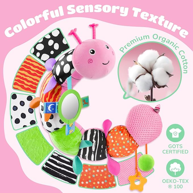 AWOTOY Baby Toys 6-12 Months Music Caterpillar Infant Toys Stuffed Animals 0-3-6 Months Teething Tummy Time Sensory Toys with Mirror Rattle&Pull String Boys Girls Shower Birthday Gifts