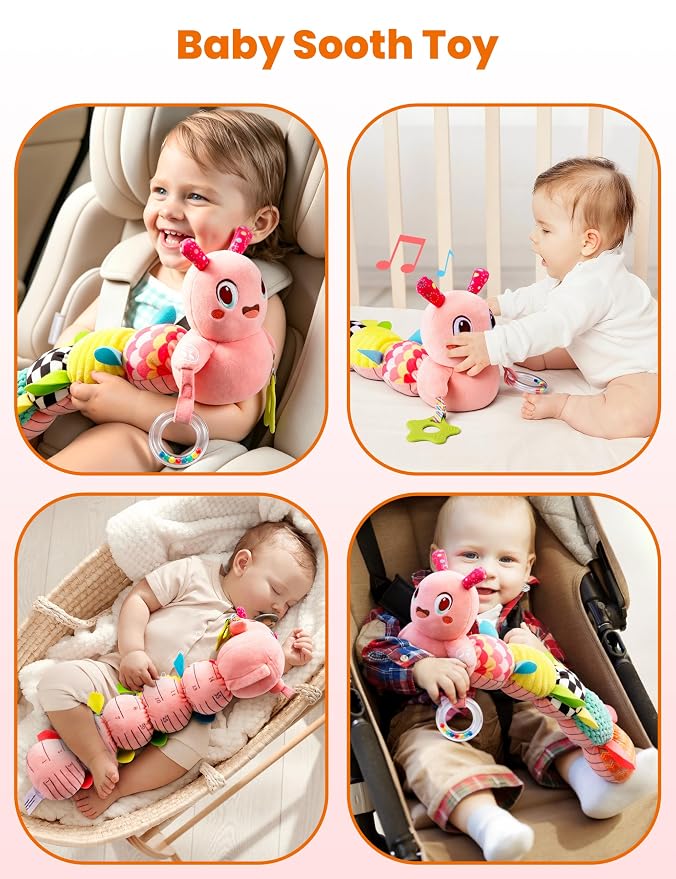 GoGonova Musical Caterpillar Baby Sensory Toy for Infant Development 0-12 Months – Newborn Bath, Car Seat, Stroller & Bassinet Activity Toy & Gift – Tummy Time Crawler & Teether(Pink)