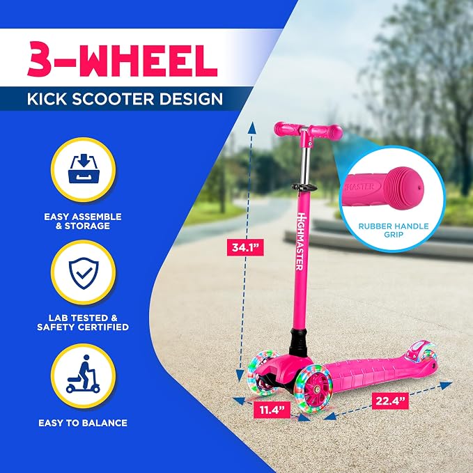 HighMaster Kids Scooter – 3 Wheel Kick Scooter for Children and Toddlers – Adjustable Handlebar with LED Wheel Lights – Indoor and Outdoor Fun