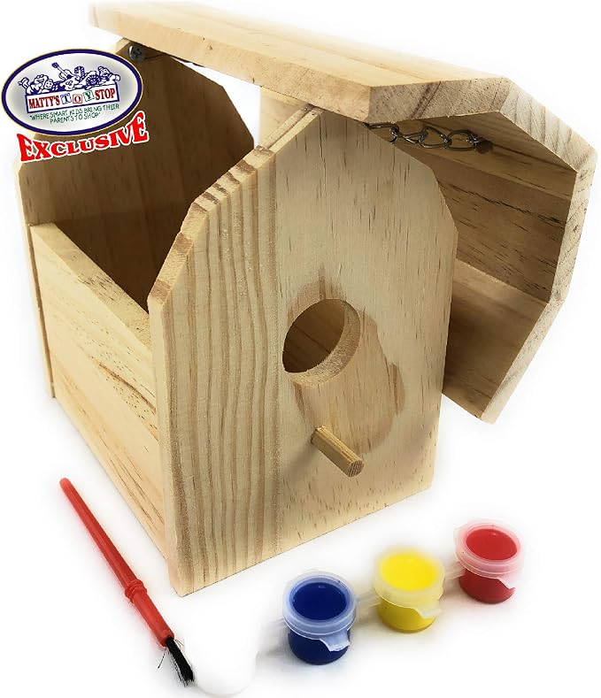 Matty's Toy Stop Paint-A-Barn Wooden Birdhouse & Bird Feeder (Includes Paints & Brushes) Gift Set Bundle - 2 Pack