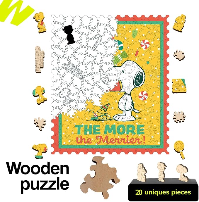 Peanuts Christmas Puzzles for Adults – Snoopy Puzzle Gift for Kids, 200 Pieces Unique Shaped Wooden Jigsaw Puzzles, 5MM Thick, Officially Licensed Merchandise – The More The Merrier, 10.9" x 12.9"