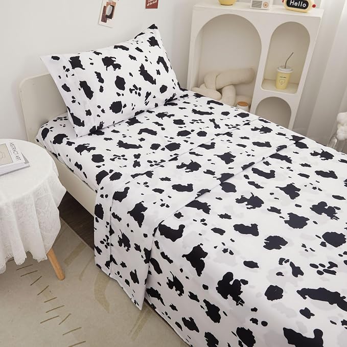 Viviland 3 Pieces Boys Girls Black White Twin Sheet Set - Soft Microfiber Fitted Flat Sheets & Pillowcase - Cute Farm Animal Cow Printed Bedding Sets - for Kids & Toddlers