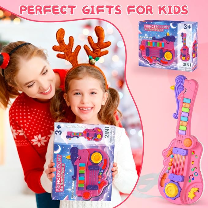 M SANMERSEN 3-in-1 Toddler Guitar Toys for Kids with Piano Drum, Electric Musical Toy with Strap Light Up 3 4 5 Year Old Boys Girls Gifts