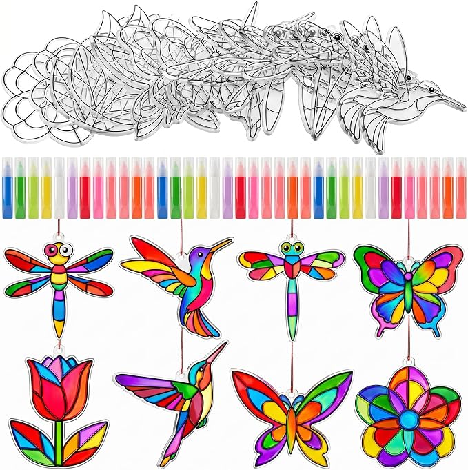 Blueweenly 36 Pcs Hummingbird Suncatcher Kits for Adults Kit 24 Pcs Hummingbird Suncatchers Painting Crafts 12 Colored Paints Suncatcher Decoration Window Paint Art Sun Catchers Gift Art Project
