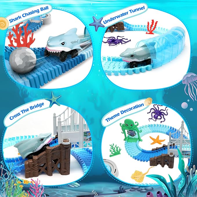 VATOS Track Toys 183 Pcs Shark Race Car Toys for Boys Girls 3 4 5 6 7 9 Year, Bendable Flexible Racetrack Cars with Shark & Ball, Ocean Theme Train Toys, STEM Educational Playset Birthday Gift