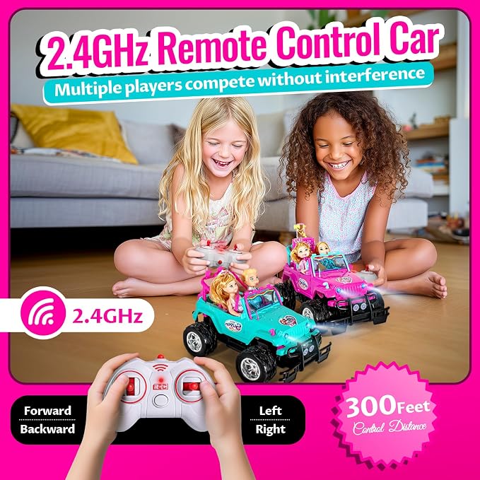 ULOVEME Purple Je ep Remote Control Car for Girls with 5.5" Doll & LED Lights, 2.4GHz Off-Road Trucks, 1:16 Scale Remote-Control Toy Car Holds 2 Dolls (Pink Car)