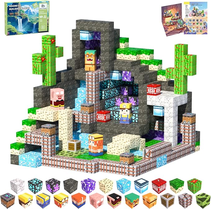 Magnetic Blocks, 48PCS Magnetic Tiles Building Blocks, Magnet Cubes STEM Sensory Game Toys Christmas Birthday Gifts for Kids Girls Boys Age 3+ (Mineral Exploration)