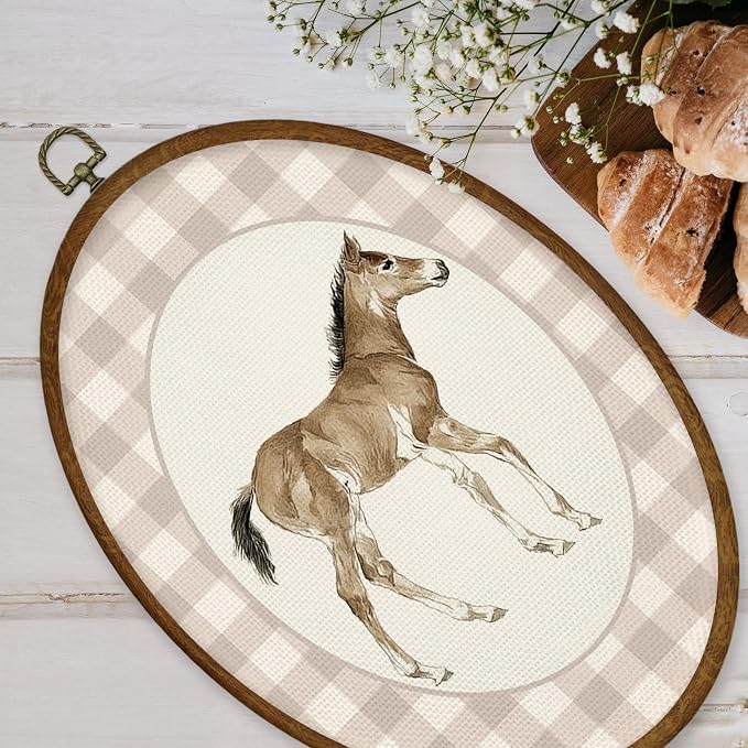 WULQYING Vintage Baby Horse Nursery Wall Art Decor, Kids Playroom Oval Framed Canvas Art Prints, Neutral Gingham Foal Horse Animal Wall Hanging Decor for Kids Toddler Room Bedroom, 8.6x11.4 Inches