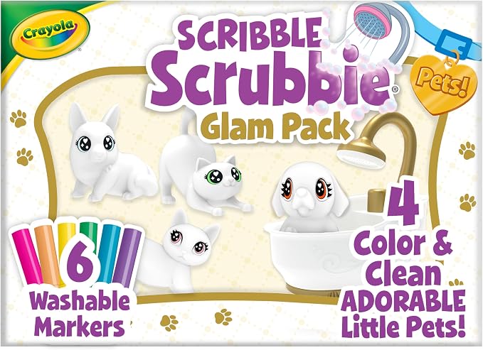 Crayola Scribble Scrubbies Glam Pack (4 Pets), Washable Pet Care Toy & Coloring Animal Craft Kit, Gift for Kids, Playset for Girls & Boys, Ages 3+