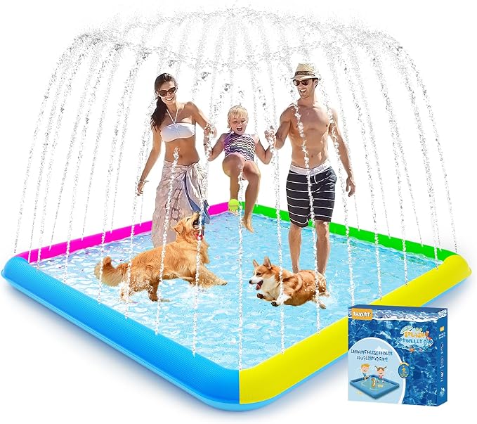 Raxurt Splash Pad, 107"- 80" Non-Slip Splash Pad for Kids and Dogs, Thickened Durable Square Dog Pool with Sprinkler Summer Outdoor Water Toys for Toddler Girls Boys Children Pet