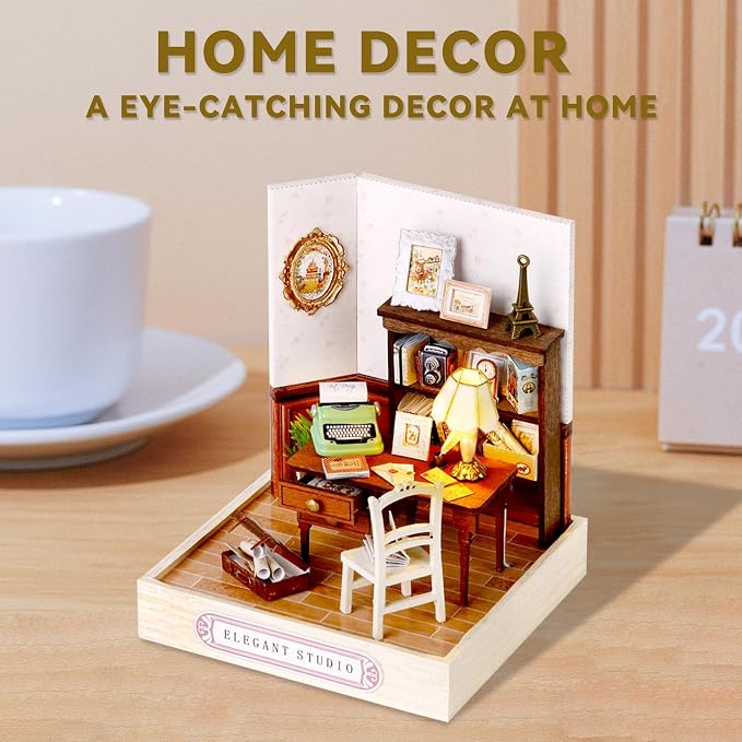 Kisoy Dollhouse Miniature with Furniture Kit, DIY 3D Wooden DIY House Kit with Dust Cover,Handmade Tiny House Toys for Teens Adults Gift(Elegant Studio)
