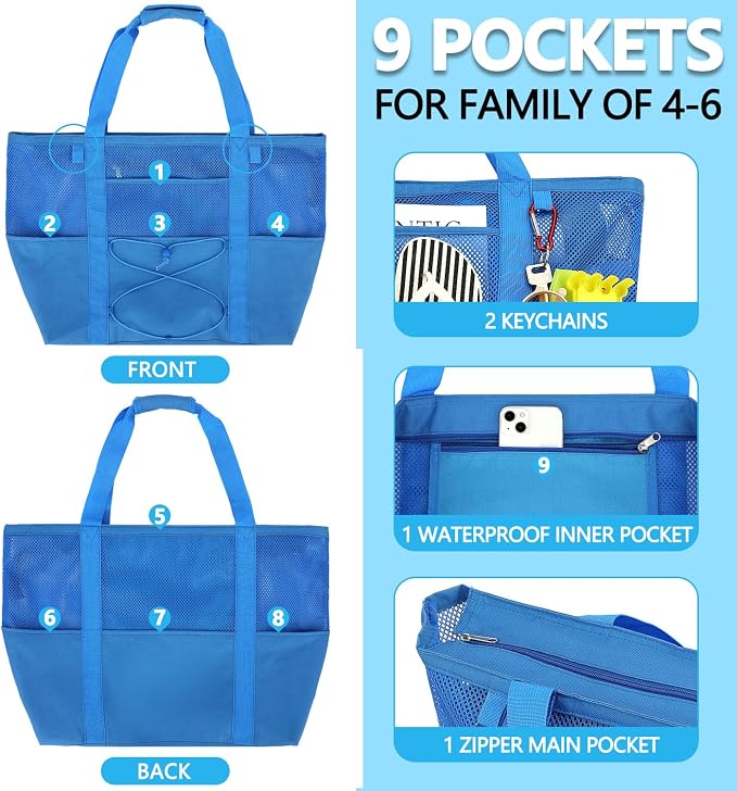 Fammart Mesh Beach Bag for Women, Large Beach Toy Pool Bag with Zipper Pocket, SandProof Cruise Essentials 2026 Family Travel