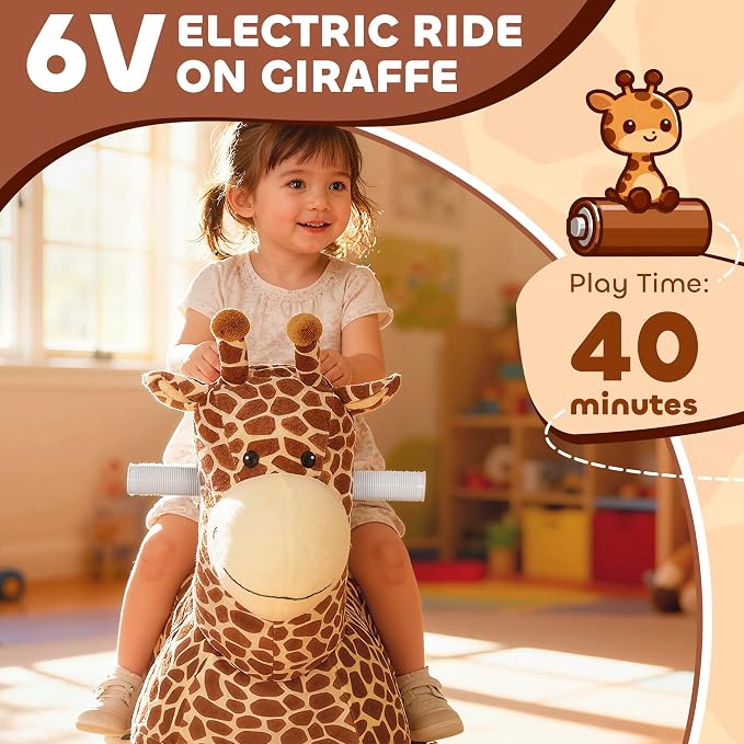 Qaba 6V Kids Ride On Horse, Battery Powered Ride on Toy, Giraffe Shaped Electric Riding Animal with Washable Plush Cover, Music, PU Wheels, Foot Pedal, Forward, for Girls Boys Aged 1.5-5 Years, Brown
