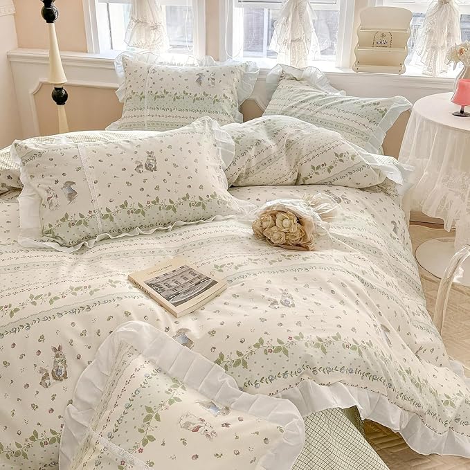 LifeTB Ruffle Floral Comforter Girls Flower Comforter Set Queen Aesthetic Leaves Floral Bedding Comforter with Cute Rabbit Reversible Green Plaid Comforter Princess Bedding Botanical Comforter Set