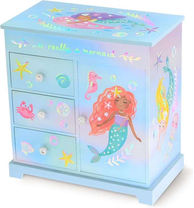 Giggle & Honey® Mermaid Musical Jewelry Box for Girls Kids Music Box with Drawers, Mermaid Mermaid Gifts for Girls, Mermaid Jewelry Boxes for Ages 3-10