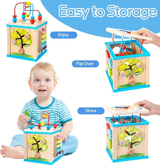 WOODMAM Wooden 7-in-1 Activity Cube, Montessori Toys for 1 Year Old Toddlers, Baby Educational Developmental Toys, One Year Old Boys Girls First Birthday Gifts with Bonus Sorting & Stacking Board