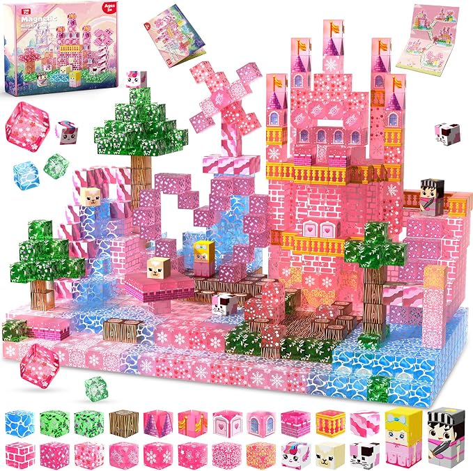 Magnetic Blocks - 100 PCS Transparent Magnetic Building Block for Kids, Pink Princess Castle Magnet Cubes Sets, Princess Toys for Girls Ages 3 4 5 6 7 8-12 Birthday Gifts