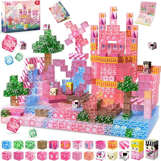 Magnetic Blocks - 100 PCS Transparent Magnetic Building Block for Kids, Pink Princess Castle Magnet Cubes Sets, Princess Toys for Girls Ages 3 4 5 6 7 8-12 Birthday Gifts