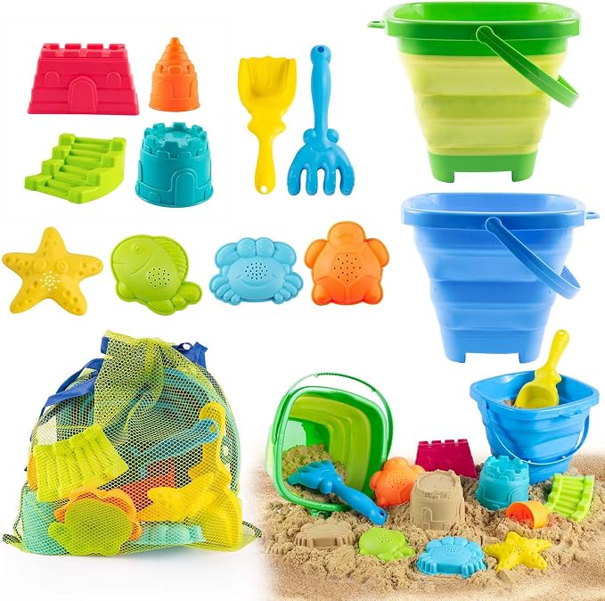 Collapsible Beach Toys for Toddlers Kids – 2 Foldable Sand Buckets Shovel Rake, 8 Sand Molds & Castle Building Kit, Mesh Bag – 13-Piece Travel Sandbox Toy Set Ages 3-12