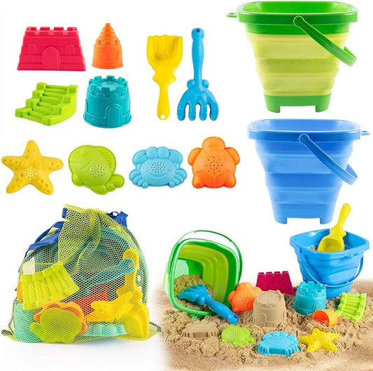 Collapsible Beach Toys for Toddlers Kids – 2 Foldable Sand Buckets Shovel Rake, 8 Sand Molds & Castle Building Kit, Mesh Bag – 13-Piece Travel Sandbox Toy Set Ages 3-12