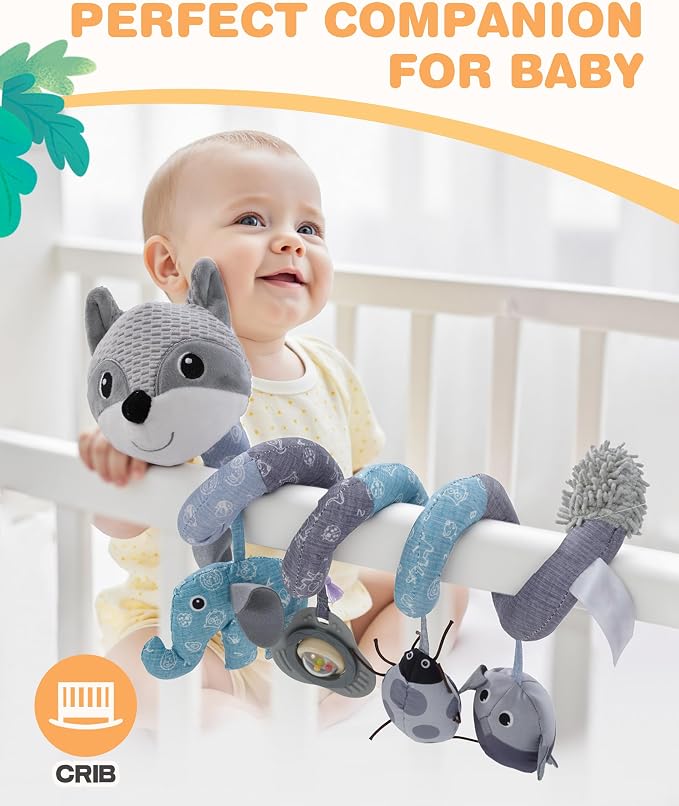 Jollybaby Crib Stroller Car Seat Toys for Baby 0-3-6-9-12 Months, Tummy Time Hanging Sensory Toys for Newborn with Music Box and Teether, Spiral Carseat Toy for Infant Boys Girls Gifts (12-Grey Fox)