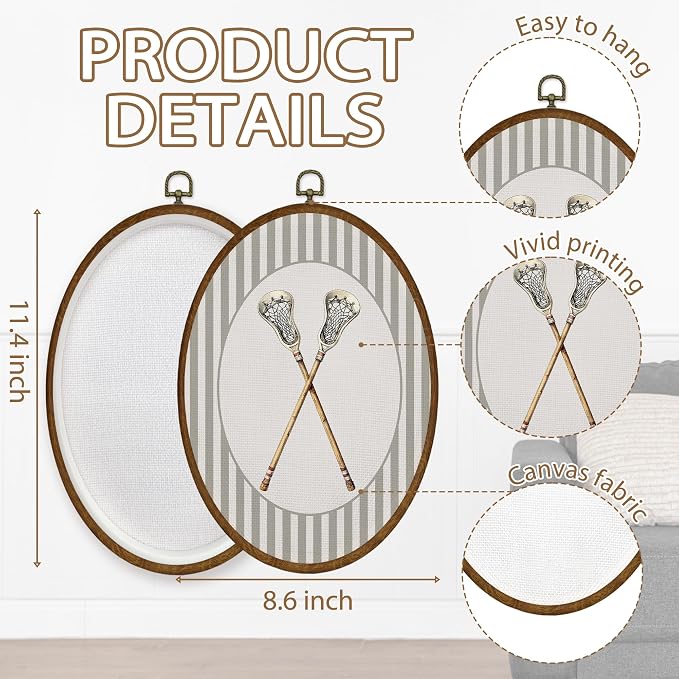 WULQYING Lacrosse Sticks Sports Nursery Wall Art Decor, Boys Room Oval Framed Canvas Art Prints, Neutral Striped Sport Lover Gift Wall Hanging Decor for Kids Nursery Room Playroom, 8.5x11.3 Inches