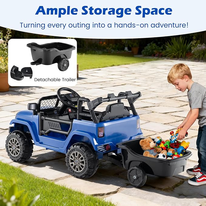 Costzon Ride on Car with Detachable Trailer, 12V Battery Powered Ride on Truck with Parent Remote Control, Light & Music, Electric Vehicle Kids Car Toy for Boys & Girls (Blue)