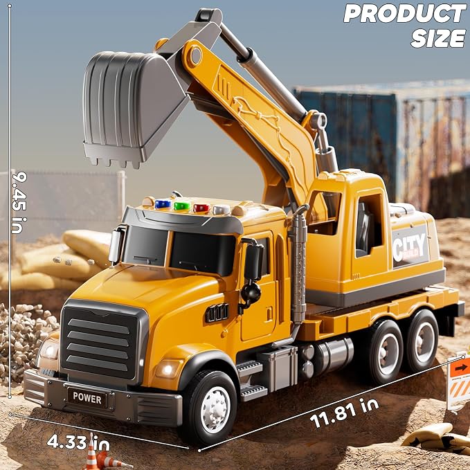 JUKUDAHU Excavator Toys for Boys Aged 3-5 4-6, Play Excavator with Light and Sound, Toy Truck Construction Vehicles Cars for Kids 2-4 4-7 Years Old, Birthday Gift for Girls Toddlers 1-3