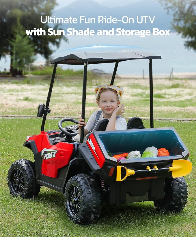 ELEMARA 24V Ride on Toy for Big Kids,Ride on Car 2 Seater w/Sun Shade,Dump Bed & Shovel,4.5MPH,4WD Electric Car for Kids,Battery Car w/Remote,Kids Ride on Truck,3 Speeds,LED Lights,Bluetooth, Red