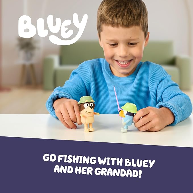 Bluey Fishing with Grandad Action Figure Set of 2, Character Toys with Grandad Figure and Fishing Rod Accessory, Small Action Figures for Kids Ages 3+