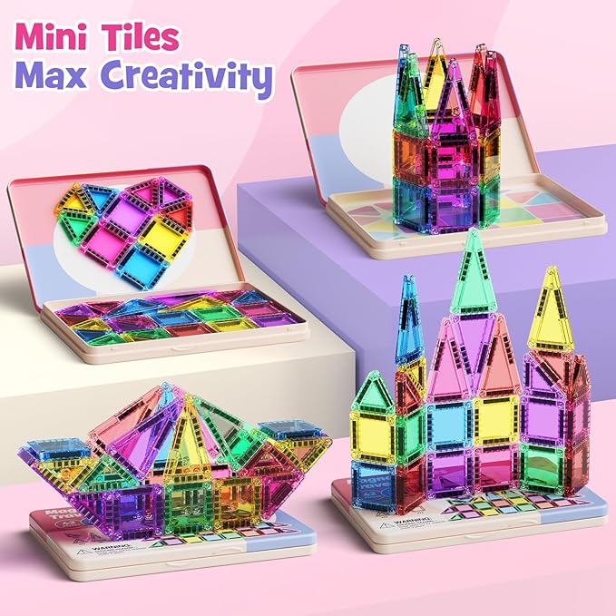 WMXDU Mini Magnetic Tiles with Iron Box, 42PCS Travel Size Magnet Building Blocks Toy Set, Protable Construction Block Toys Educational Learning Sensory Toys for 3+ Year Old Boys Girls Birthday Gift