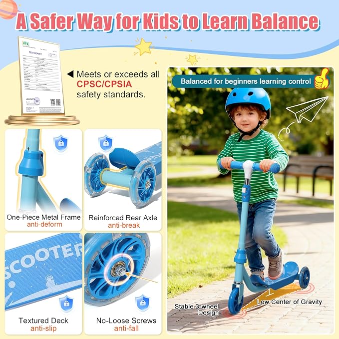 Kick Scooter for Kids Ages 3-7, Three Wheel Toddler Scooter with Handlebar Steering(No Lean),Height Adjustable, Light Up Rear Wheels, Indoor Outdoor Toy for Girls Boys, Holiday Birthday Gift