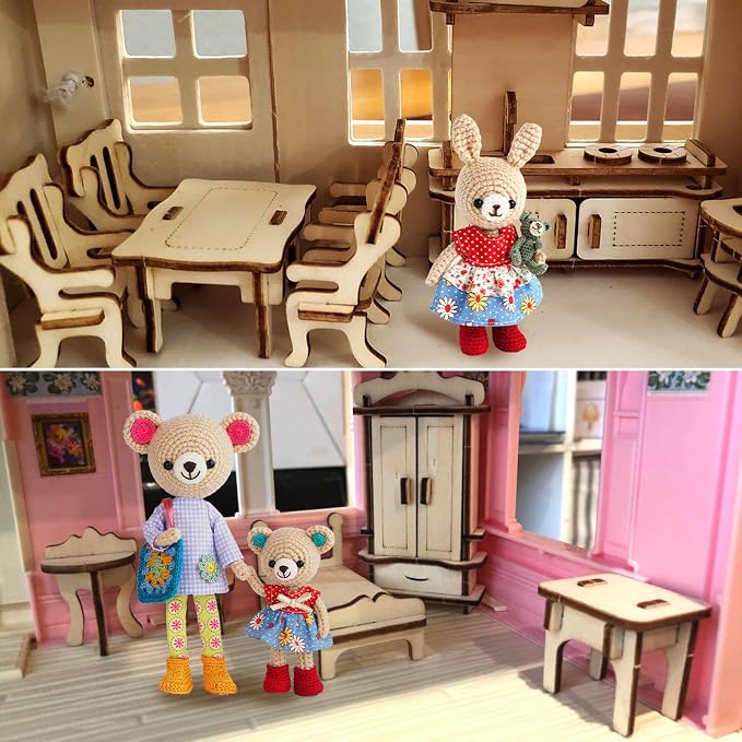 LOVEINUSA 34 PCS DIY Wooden Dollhouse Furniture Set, 1:20 Scale Miniature Room Accessories for Kitchen Living Room Bathroom for DIY Crafts Project